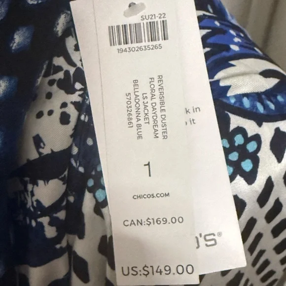 Chico’s Reversible Floral Duster Jacket Blue White NWT Size 1 Kimono - Picture 8 of 8